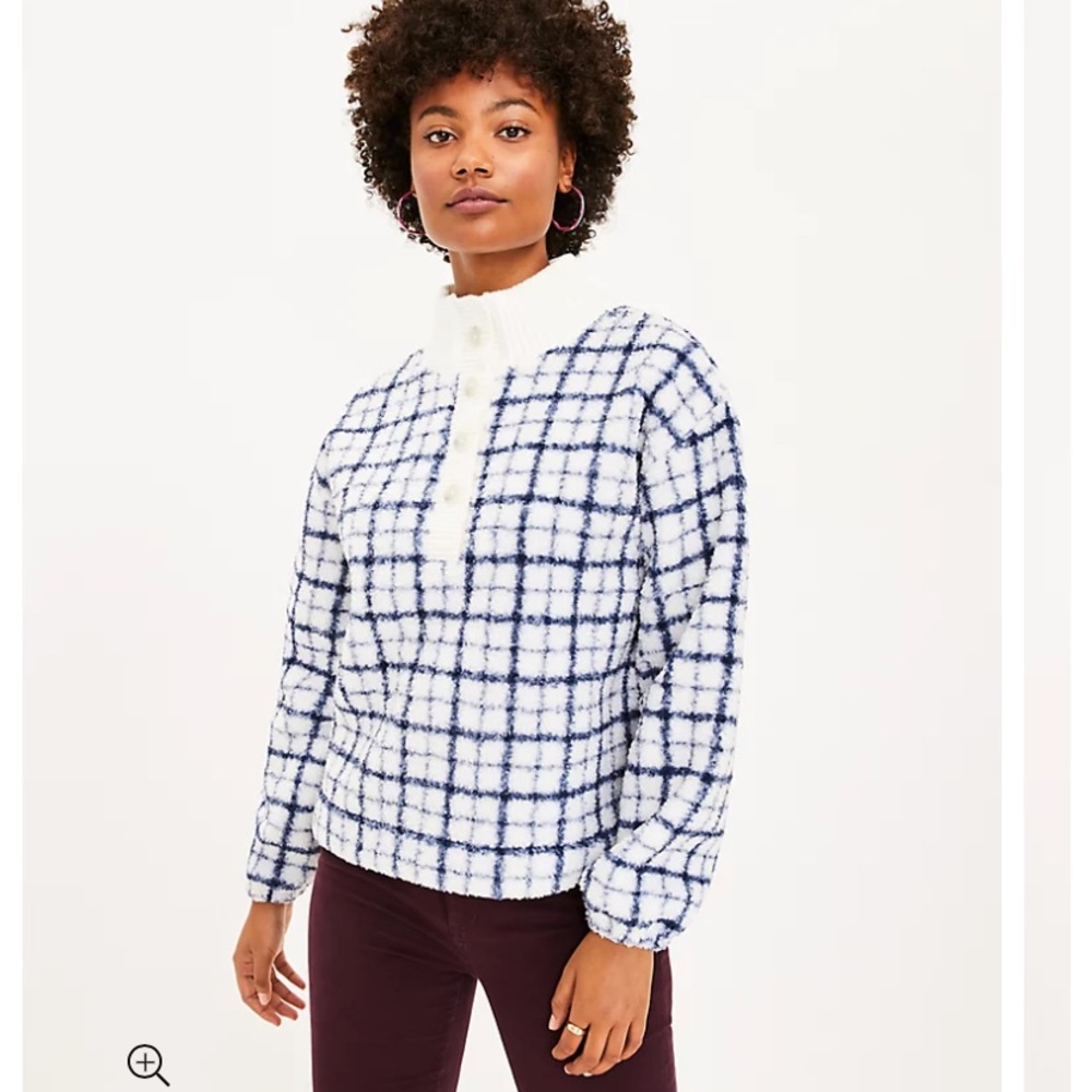 LOFT NWT Women's Plaid Rib‎ Trim Faux Sherpa Sweater
